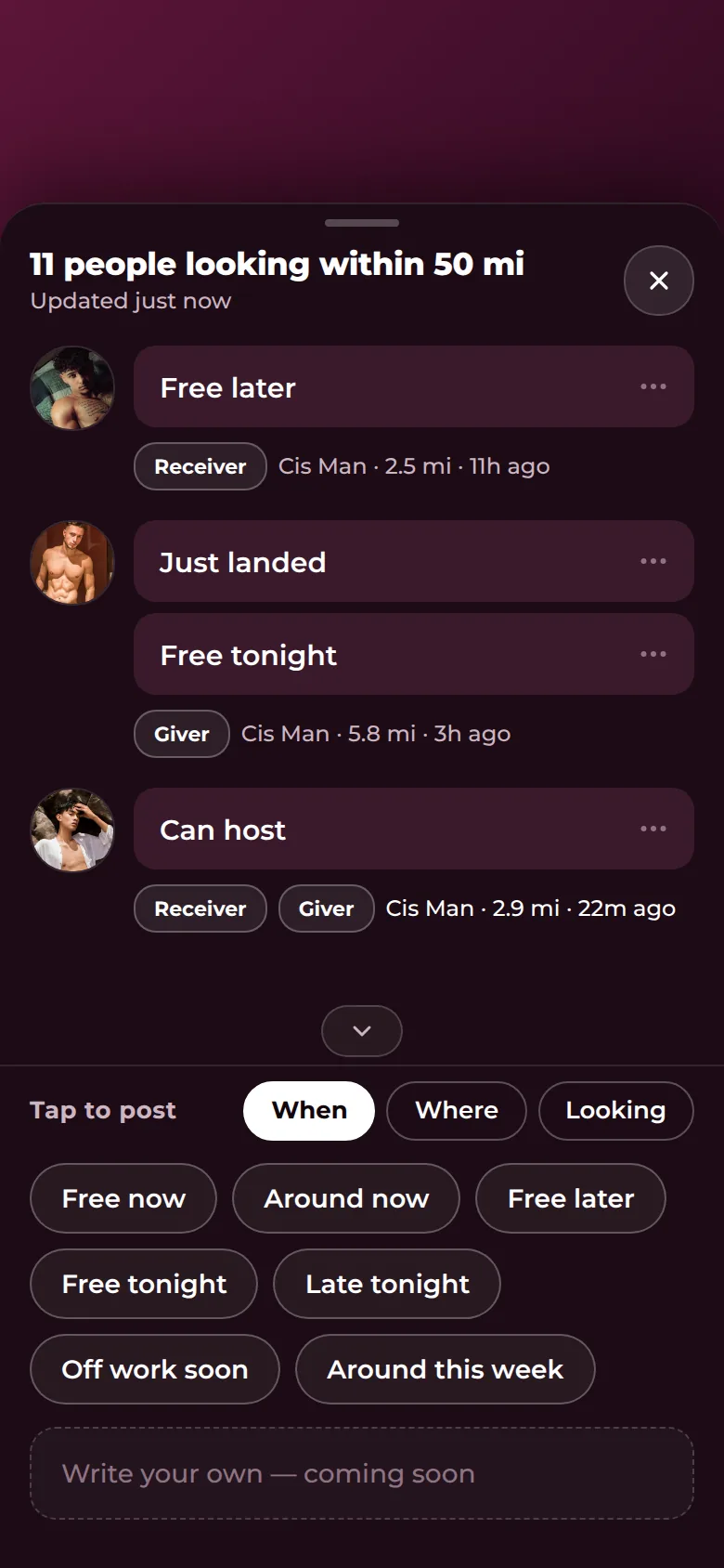The feed: eleven people looking within 50 miles, with posts like Free later and Can host